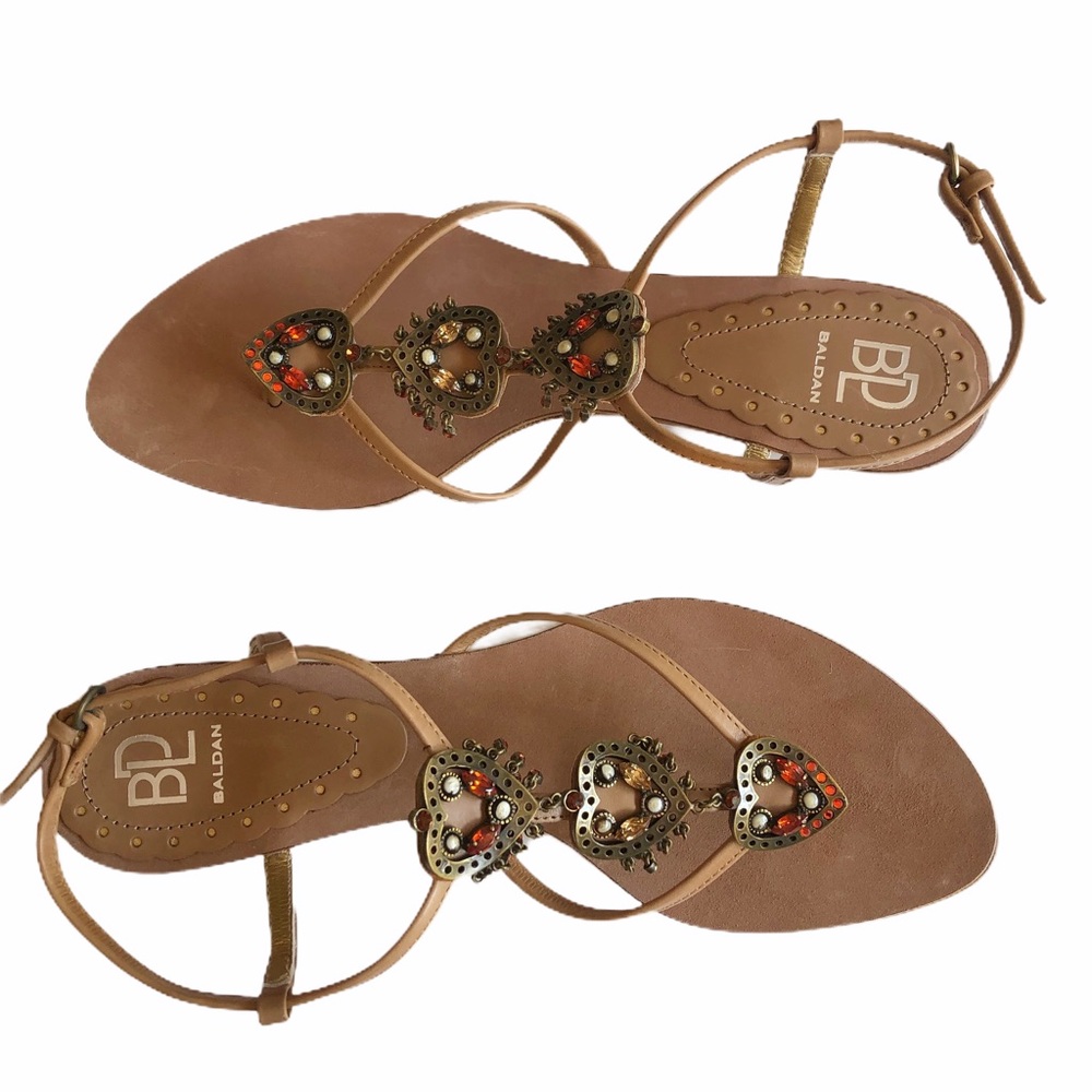 NEW Baldan Italian Tan Leather Heart Rhinestone Embellished Flat Sandals 38.5 - Picture 6 of 10